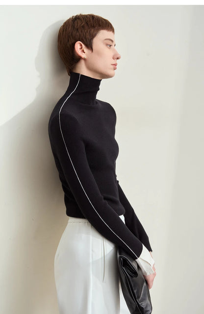 Damen-Rollkragenpullover Farbkontrast Slim Fit Langarm Frühling