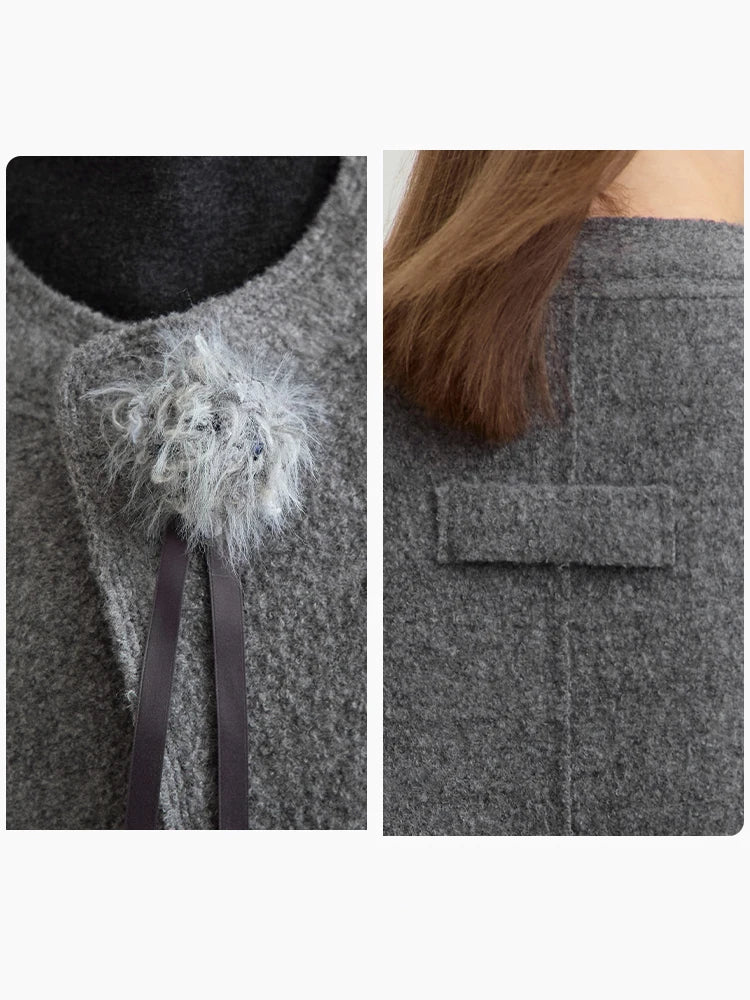 Damen Wollmantel im minimalistischen Stil mit Rundhalsausschnitt und abnehmbarer Corsage
