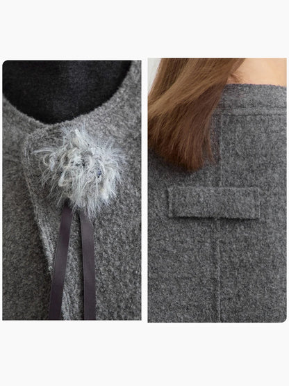 Damen Wollmantel im minimalistischen Stil mit Rundhalsausschnitt und abnehmbarer Corsage