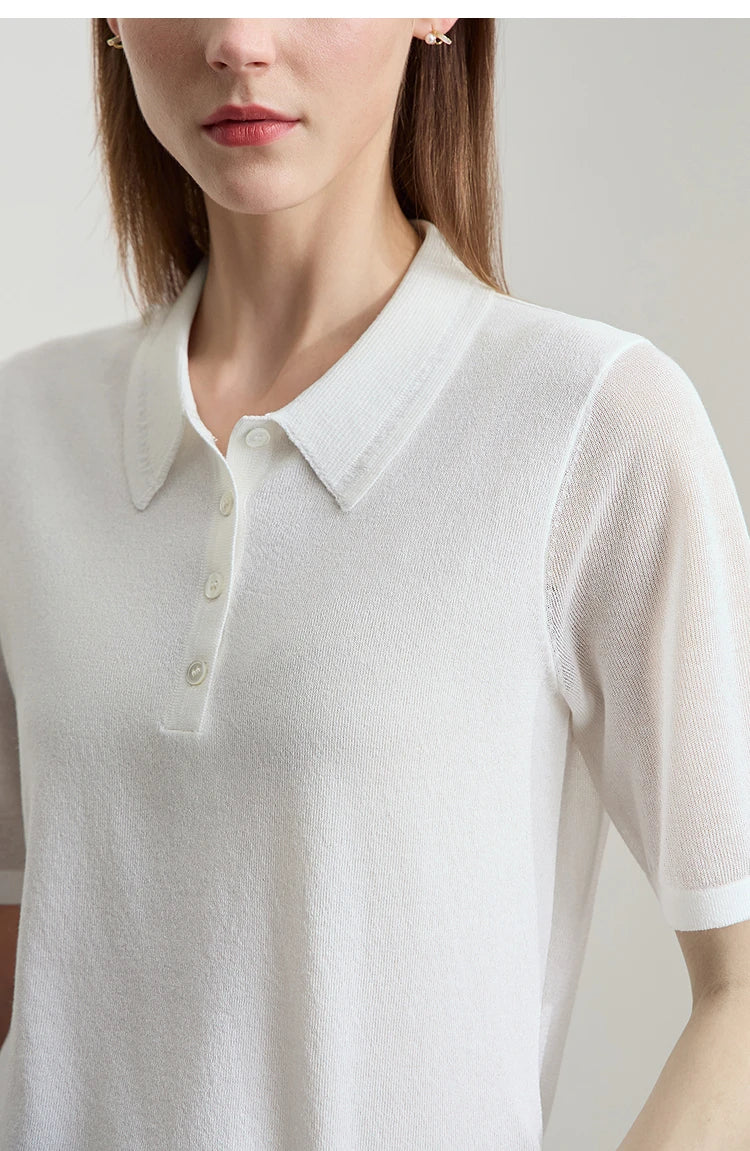 Damen-Sommerpullover in Weiß, Detailaufnahme Kragen und Knopfleiste, kurzarm