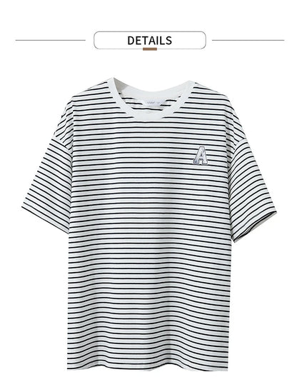 Damen T-Shirt aus reiner Baumwolle mit lässigem Streifenmuster und kurzen Ärmeln