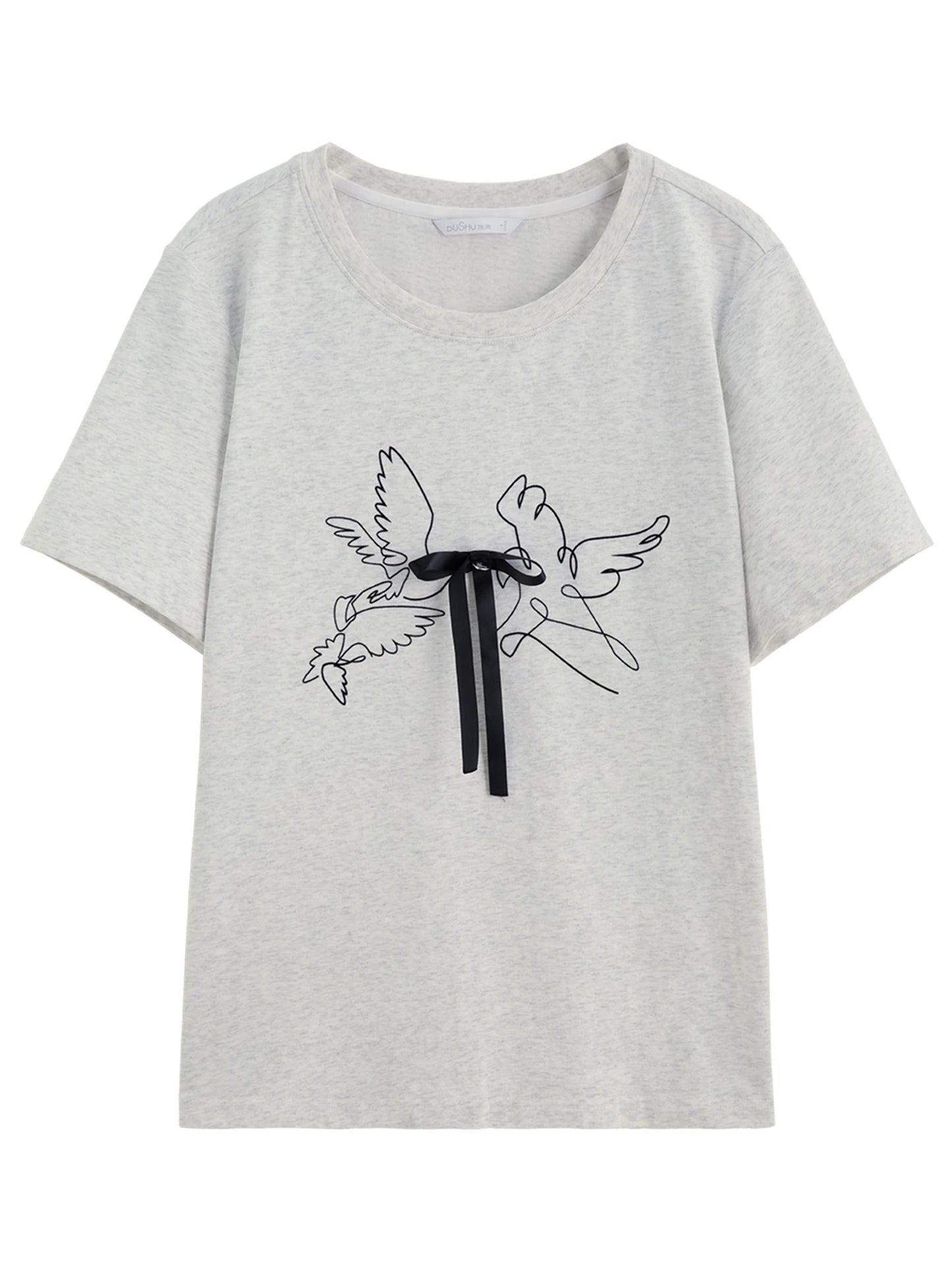 Plus Size Damen T-Shirt mit 3D-Schleife & Vogelmotiv – Sommerliches Kurzarmshirt mit abstraktem Print