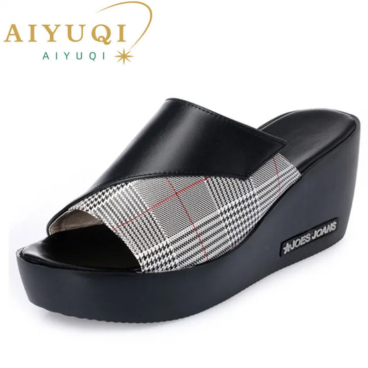 Aiyuqi Frau Plattform Flip Flops neue Sommer Frauen Echt leder Slipper High Heel Schuhe große Größe 41 42 43 Frauen Slipper
