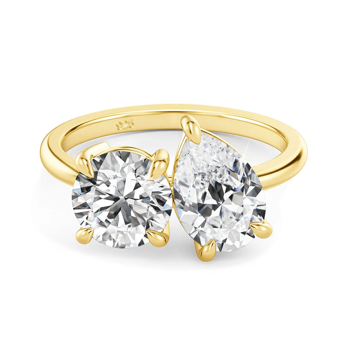 Damen-Verlobungsring mit zwei Moissanit-Steinen aus Silber 925 und 18K-Goldplattierung