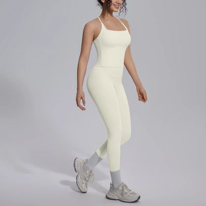 Damen-Yoga-Set mit Leggings, cremeweiß, schräger Stand mit Blick nach vorne
