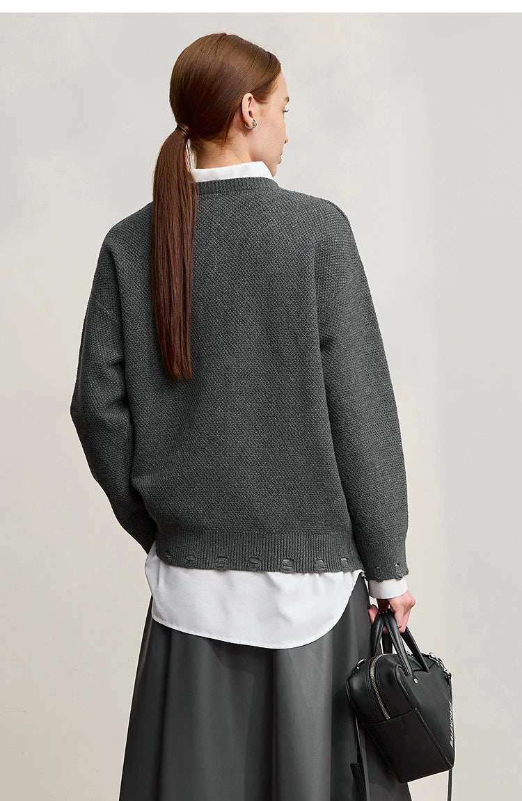 Damen-Rundhalspullover Jacquard Aushöhlung Perlenstickerei locker Winter