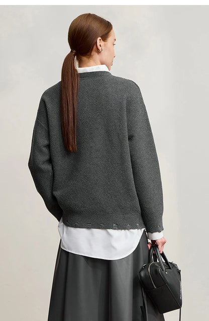 Damen-Rundhalspullover Jacquard Aushöhlung Perlenstickerei locker Winter