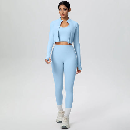 Yoga-Set in Hellblau: langarm Crop-Jacke und hochtaillierte Leggings