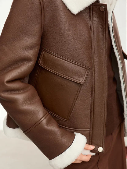 Damen Winterjacke aus PU mit Taschen im französischen Vintage-Stil