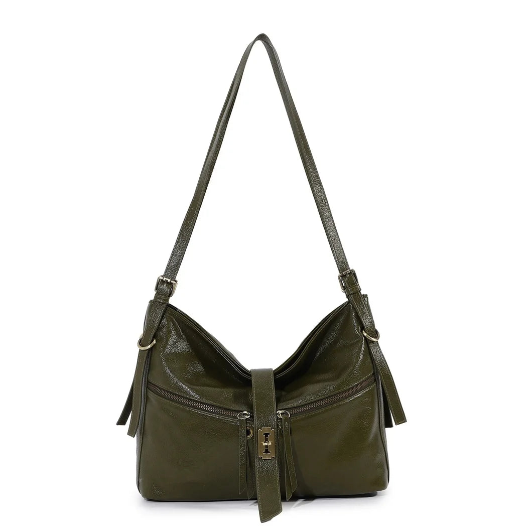 Damen-Schultertasche aus Vintage Öl-Wachs-Leder mit großem Stauraum und Mehrfach-Reißverschlussfächern