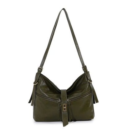 Damen-Schultertasche aus Vintage Öl-Wachs-Leder mit großem Stauraum und Mehrfach-Reißverschlussfächern