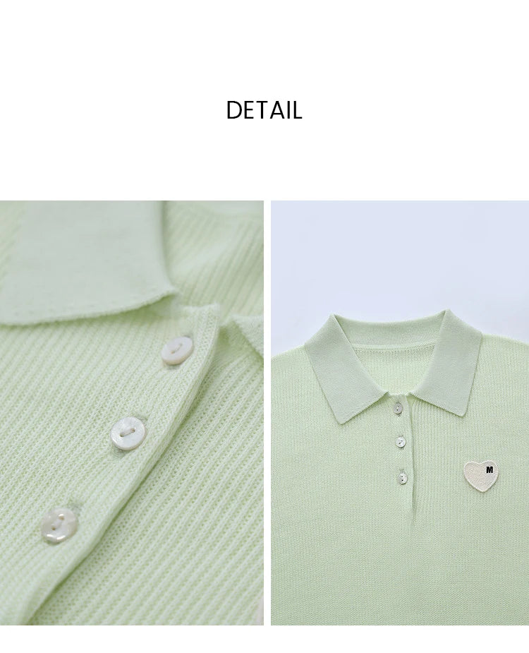 Hellgrüner Strickpullover mit Knopfleiste und feinem Rippkragen