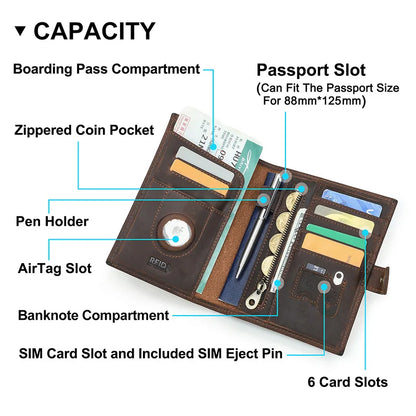 Reisepass-Brieftasche aus Leder mit Münzfach, AirTag-Schlitz, Stifthalter und 6 Kartenfächern