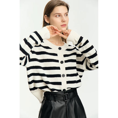 Damen-Strickjacke Baumwolle-Wolle Streifen Kontrastfarben locker Herbst