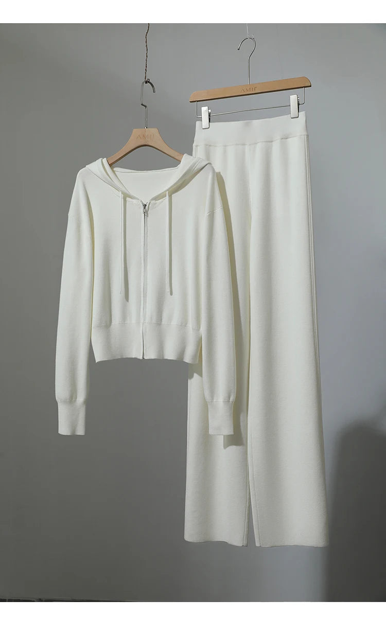 Damen-Strickjacke Kapuze Reißverschluss locker 2-teilig Set Herbst