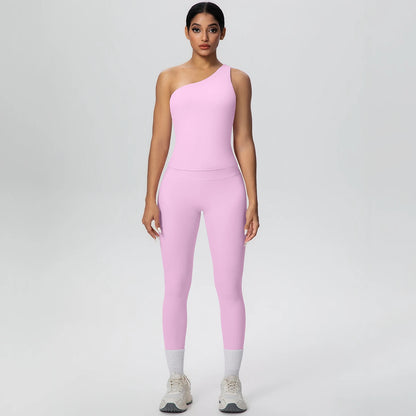 Rosa Yoga-Set mit High-Waist-Leggings und einteiligem Sport-BH mit breiten Trägern