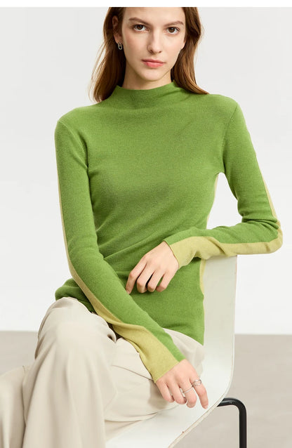 Damen-Halbrollkragen-Pullover Slim Patchwork Wolle-Mix Herbst-Winter