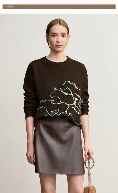Damen-Rundhalspullover Tier-Jacquard locker Langarm Winter