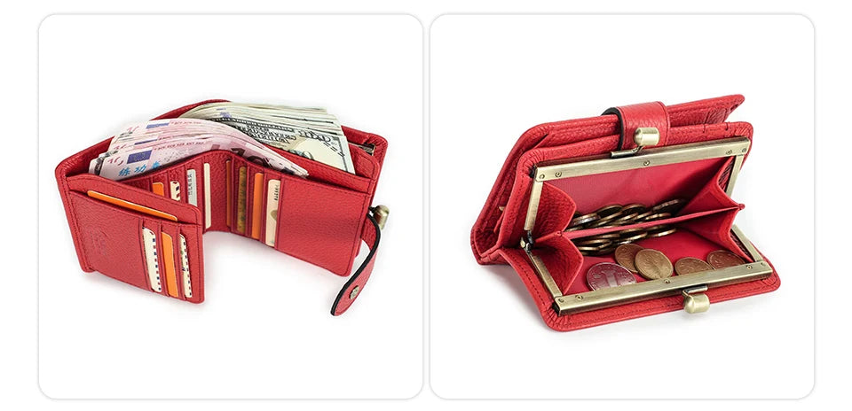 Damen Echtleder Geldbörse Vintage Metallrahmen Kartenhalter Münzbörse Luxus