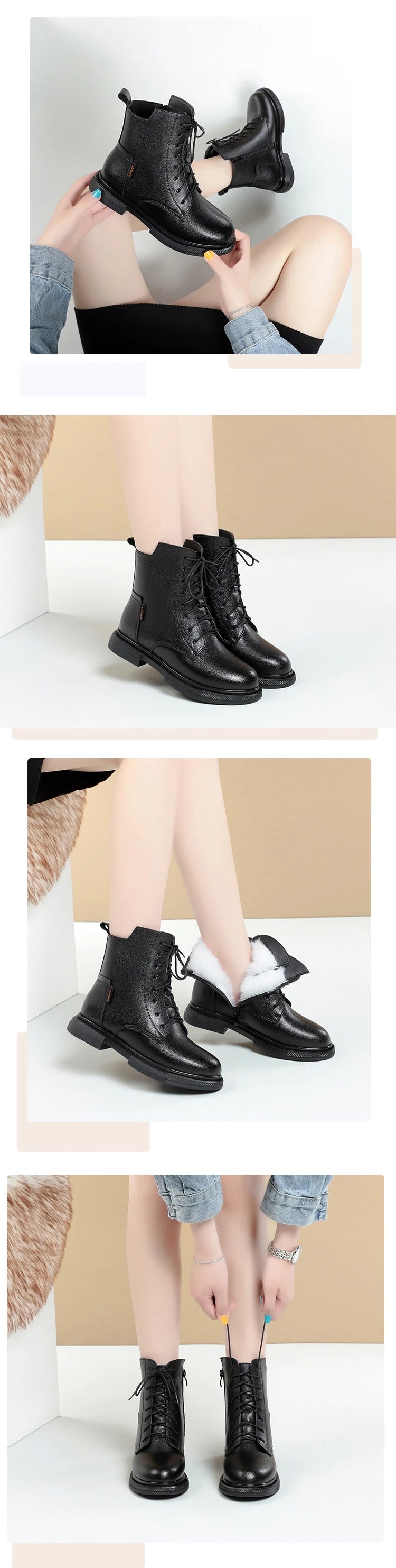 Schwarze Damen-Winterstiefeletten mit Schnürung und Fellbesatz, kurzer Schaft.