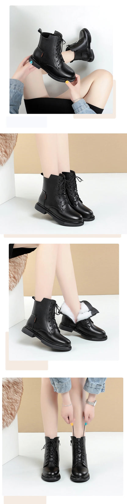Schwarze Damen-Winterstiefeletten mit Schnürung und Fellbesatz, kurzer Schaft.