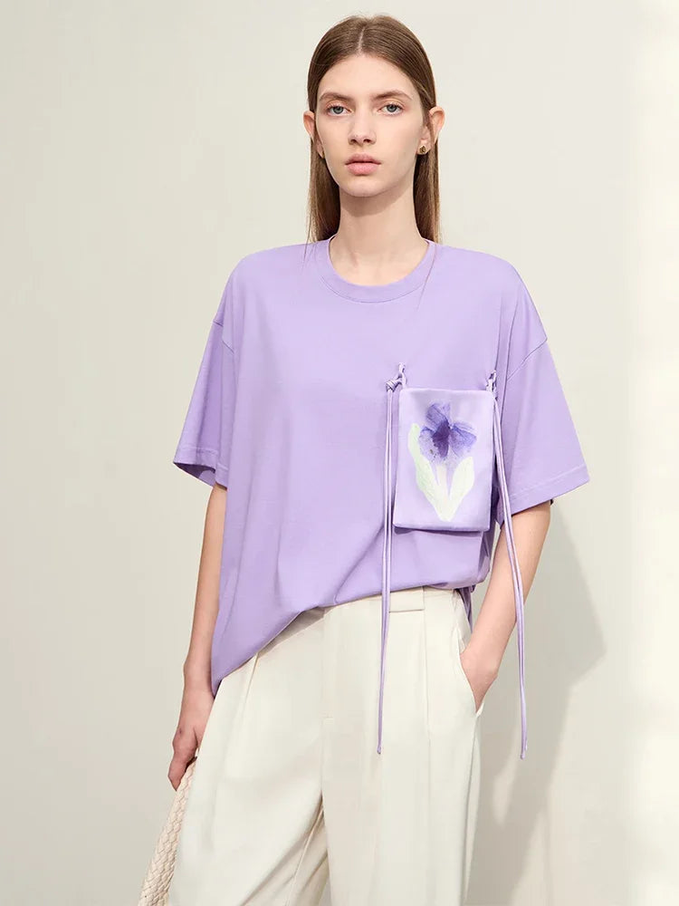 Damen T-Shirt im Minimalismus-Stil mit Taschen und elastischem O-Neck