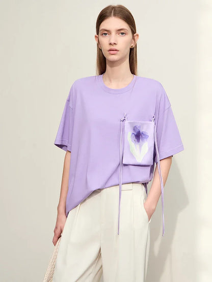 Damen T-Shirt im Minimalismus-Stil mit Taschen und elastischem O-Neck