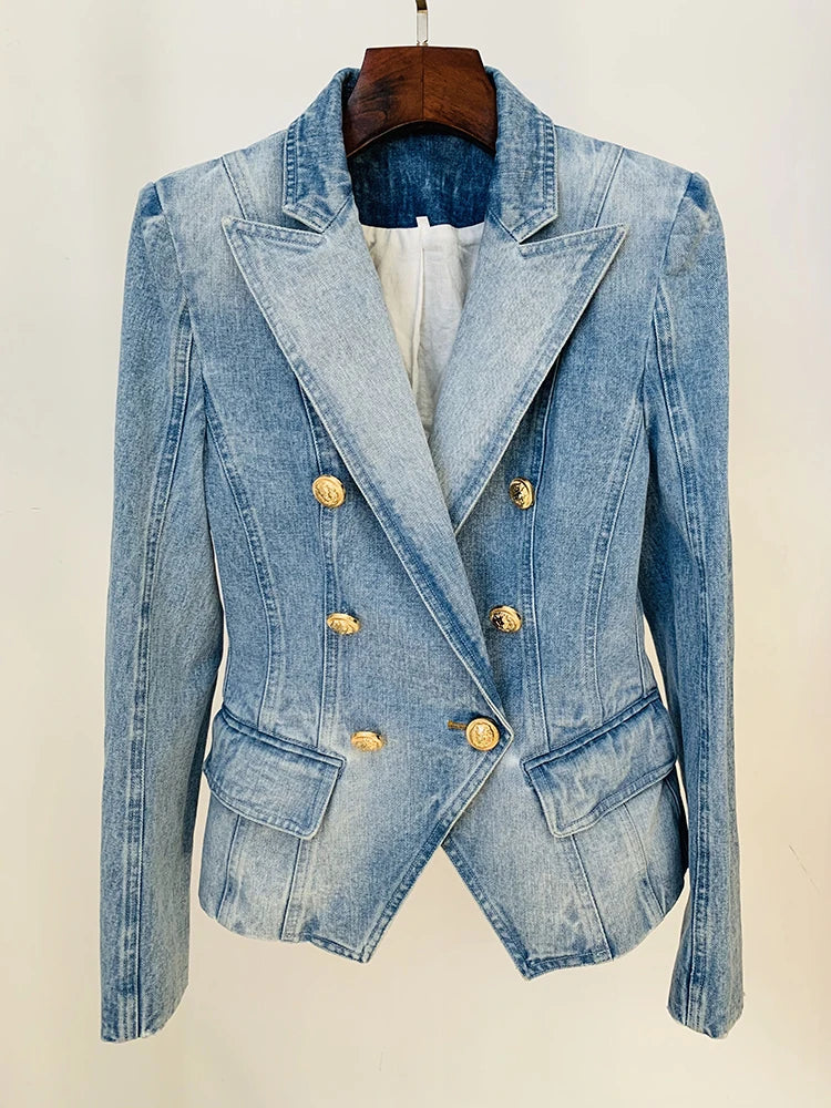 Damen-Blazer Denim doppelreihig Löwenknopf Slim High Street