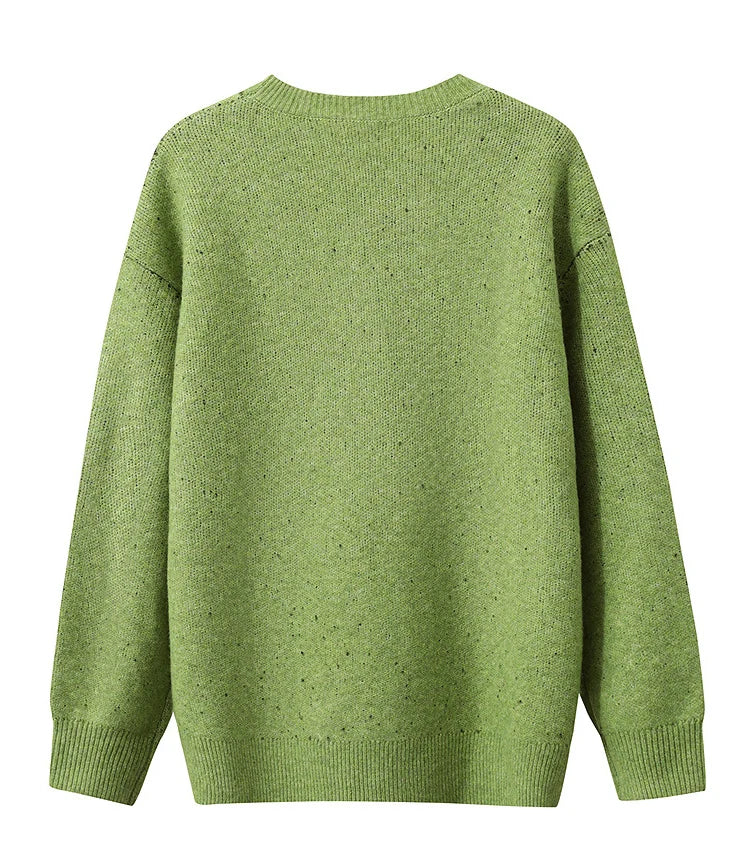 Grüner Damenpullover mit Rundhalsausschnitt und langen Ärmeln, grob gestrickt
