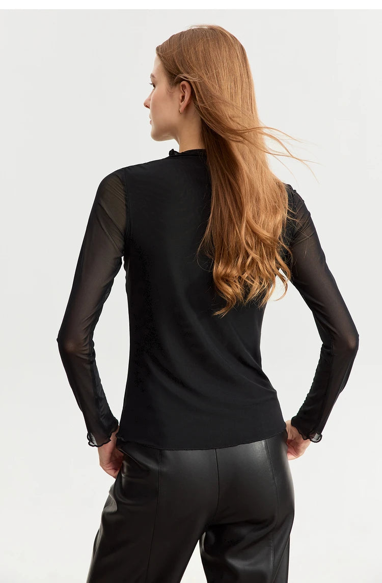 Damen T-Shirt aus gedrucktem Mesh mit slim-fit Halb Stehkragen