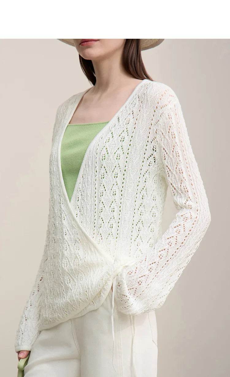 Damen-Strickjacke V-Ausschnitt Wolle Hohlstrick locker Langarm Frühling