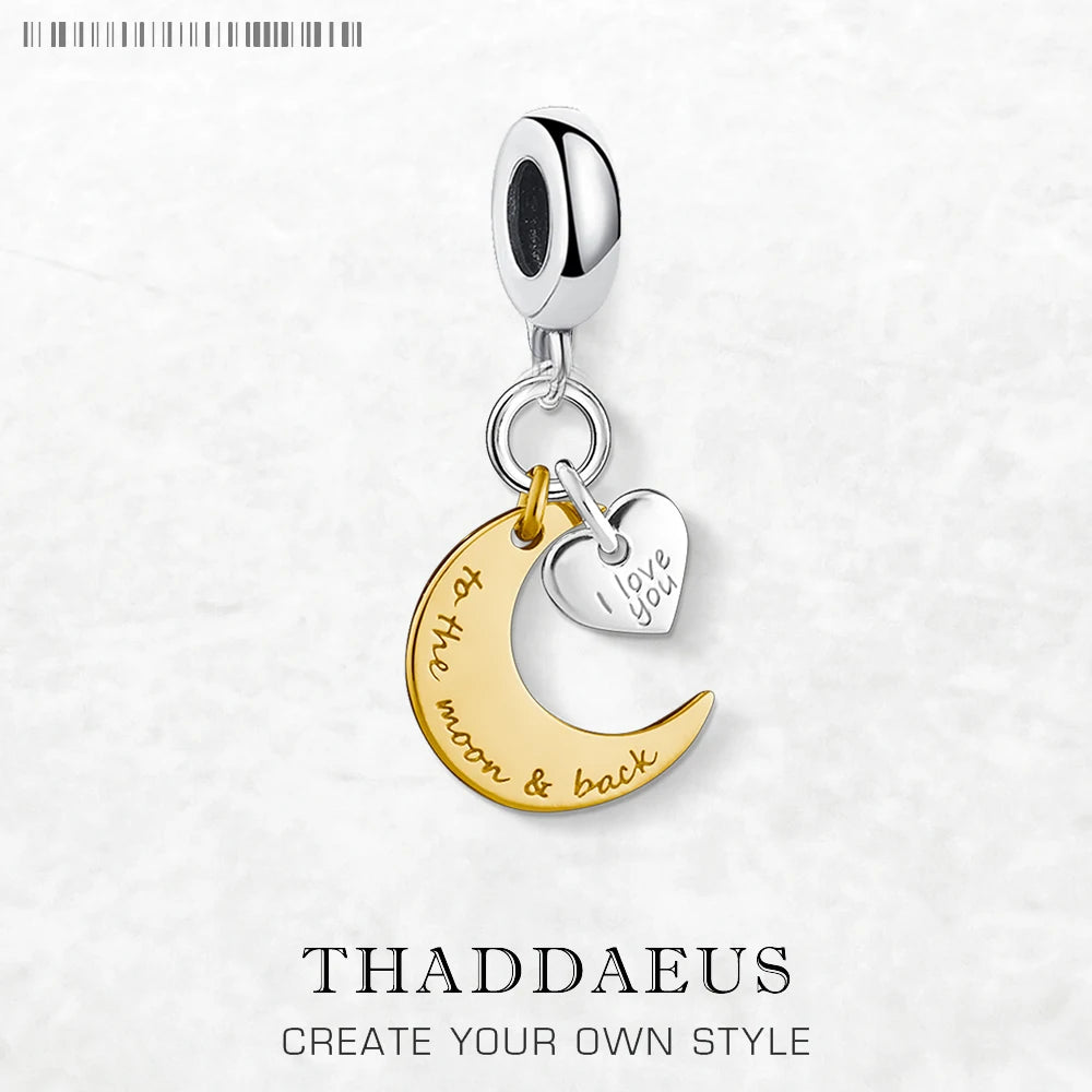 Mond- und Herz-Charm mit Karabiner, goldfarbener Rand am Halbmond, Herz „I love you“
