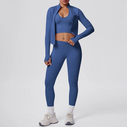 Yoga-Set: Push-up-Top & High-Waist-Leggings mit Langarmjacke, Blau