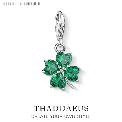 Kleeblatt-Charm-Anhänger aus 925 Sterlingsilber mit grünen Steinen, Clip-Verschluss