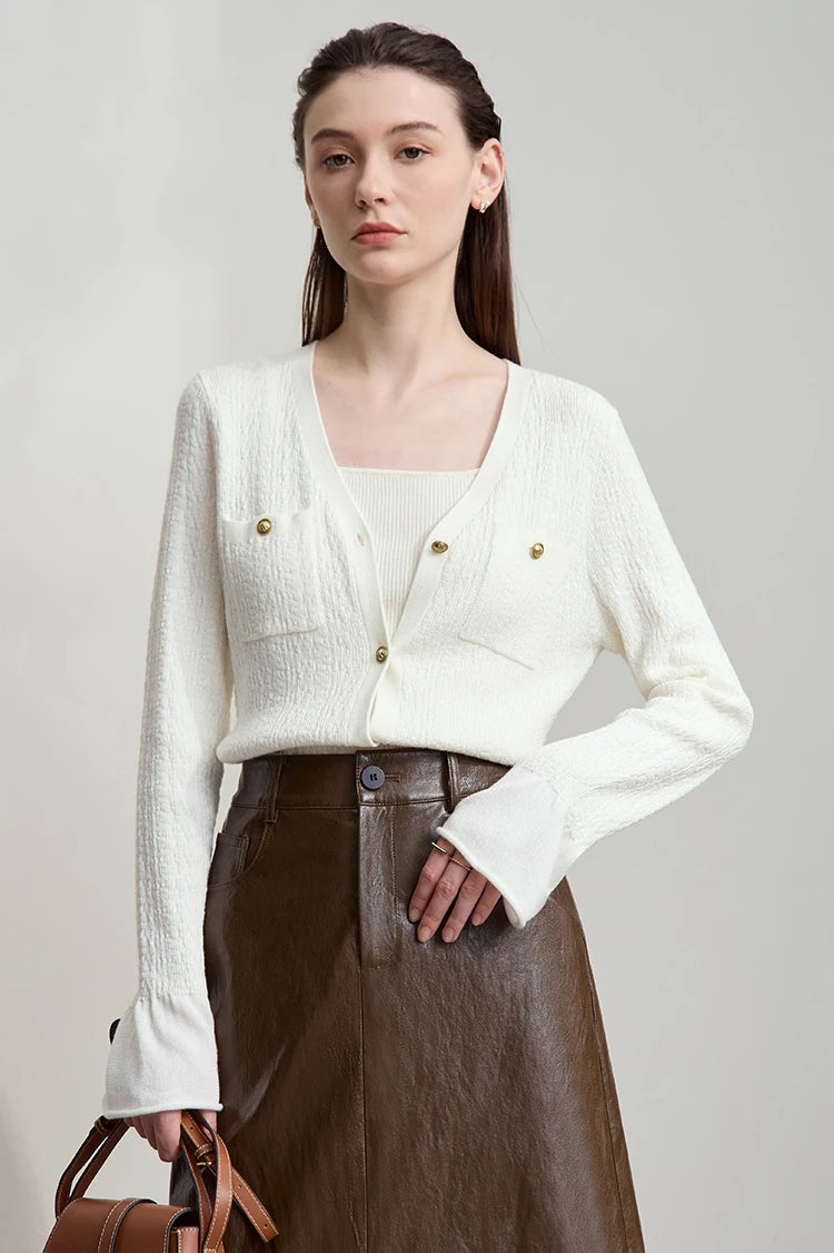 Damen-Strickjacke V-Ausschnitt einfarbig gerade Langarm vielseitig Herbst