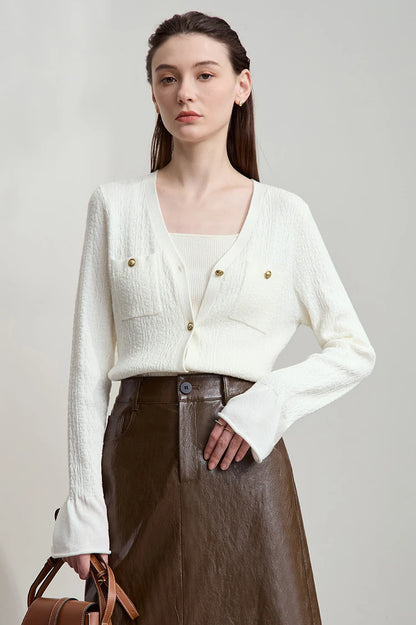 Damen-Strickjacke V-Ausschnitt einfarbig gerade Langarm vielseitig Herbst