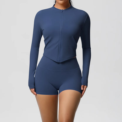 Yoga-Set für Damen, marineblaue Langarmjacke mit Reißverschluss und Shorts