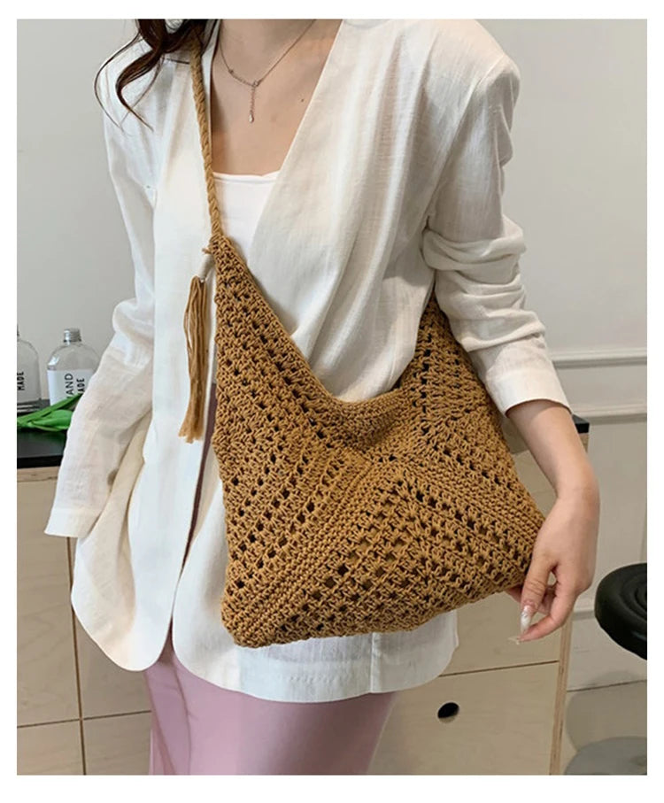 Damen Tote Bag Beach Woven Travel Shoulder Crossbody Purse