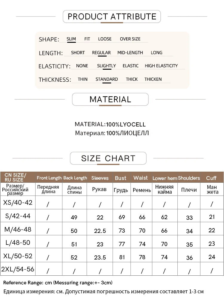 Produktdaten-Tabelle: Material 100% Lyocell und Größenangaben
