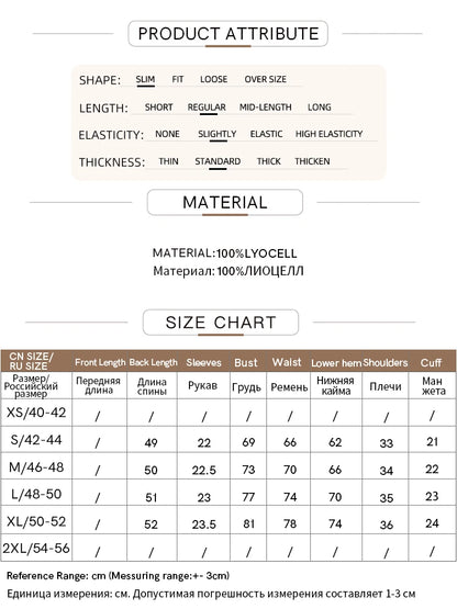 Produktdaten-Tabelle: Material 100% Lyocell und Größenangaben
