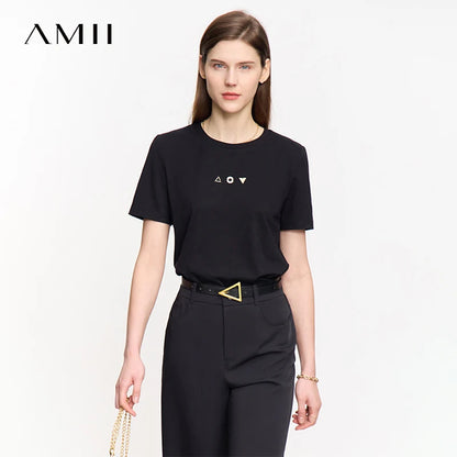 Damen T-Shirt mit O-Ausschnitt und geometrischer Dekoration aus antibakterieller Baumwolle
