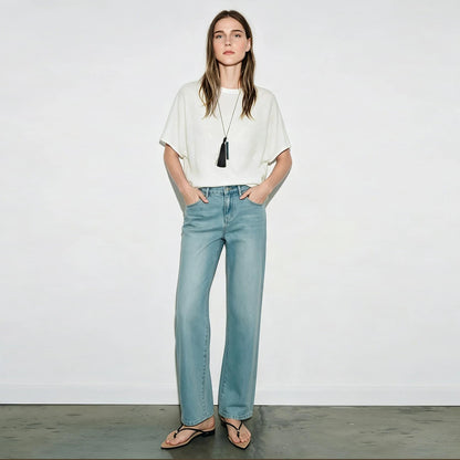 Damen-Rundhalspullover Fledermausärmel locker transparent Viskose Sommer