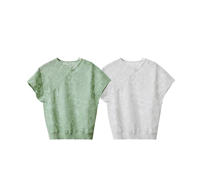 Damen-T-Shirt, kurzarm, in Jacquard-Blumenmuster, eng eingesetzter Halsausschnitt, hellgrün/weiß