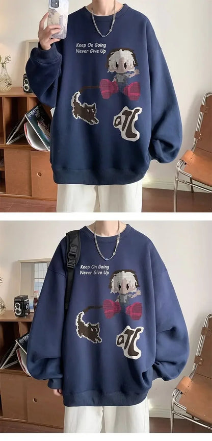 Japanischer Vintage-Pullover mit Fleece, Rundhalsausschnitt und Print – Lässiger Langarm-Hoodie für Herren im Winter.