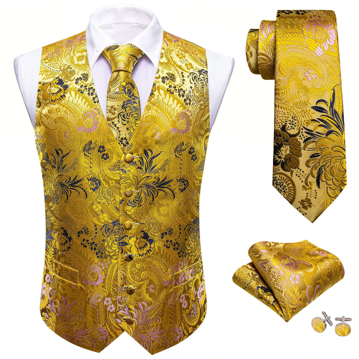 Herrenweste Jacquard in Gelb mit Blumenornamenten, dazu Krawatte und Einstecktuch