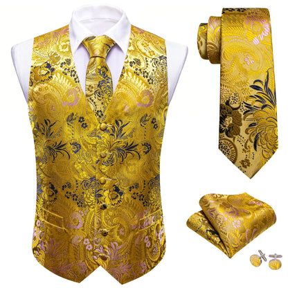 Herrenweste Jacquard in Gelb mit Blumenornamenten, dazu Krawatte und Einstecktuch