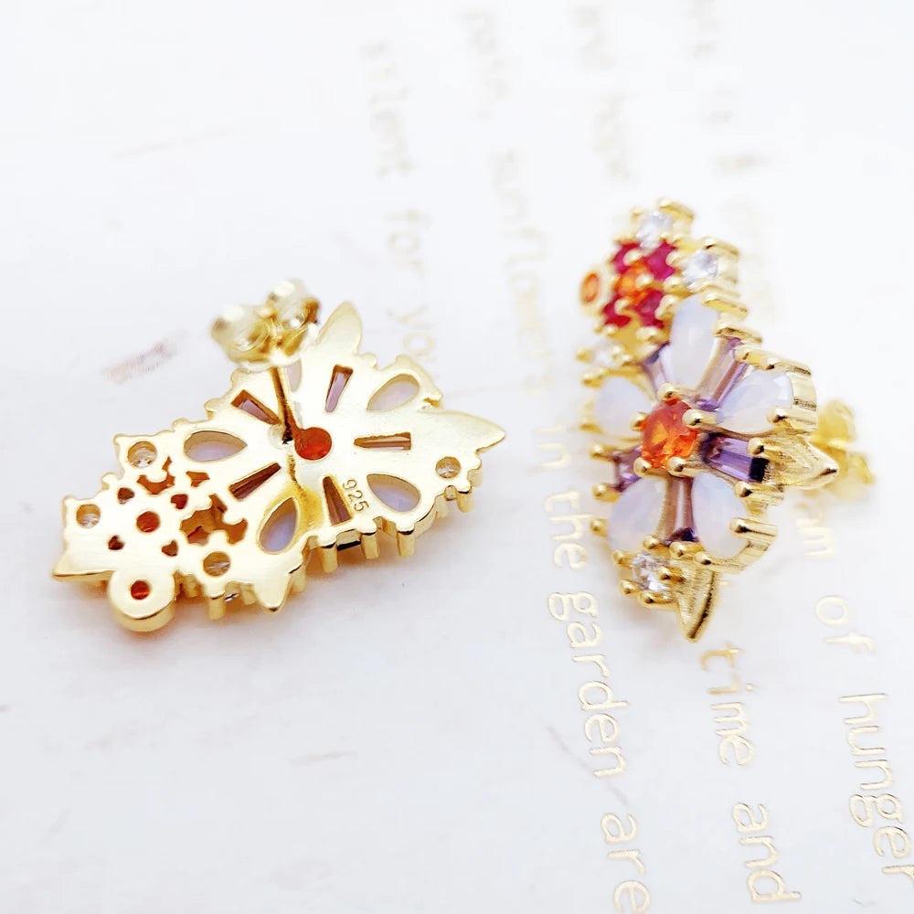 Damen-Ohrstecker Blumen bunte Steine Gelbgold aus Sterlingsilber