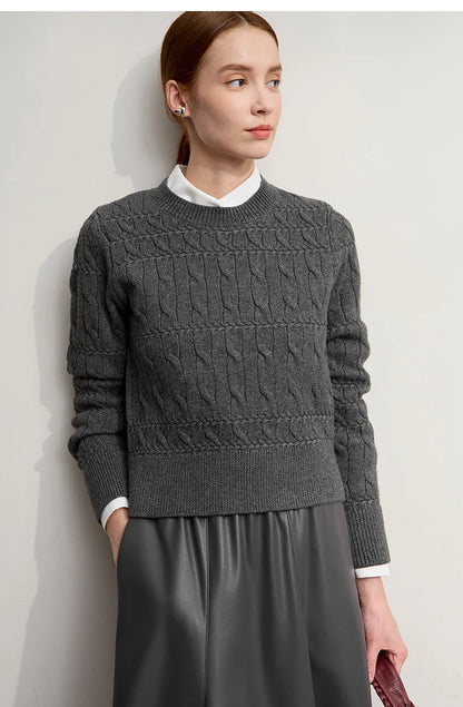 Damen-Rundhalspullover kurz einfarbig Retro locker Winter