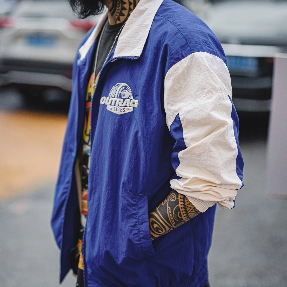 Herren Jacke Vintage Splice Racing bestickt Outdoor Motorrad Reißverschluss Revers lässig