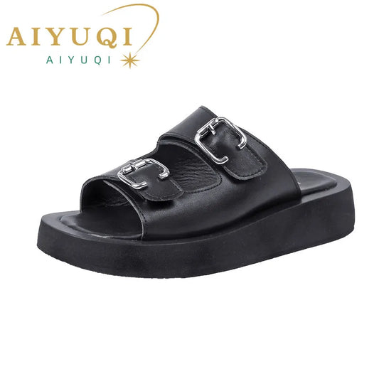 2025 frauen Hausschuhe Sommer Echtes Leder Rutschen Frauen Fashion Square taste Flache Sandalen Damen Outdoor Casual Flip-Flops